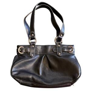 Nine West Black Leather Handbag Purse with Beige Patterned Interior